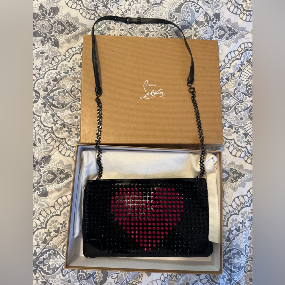 Christian Louboutin Loubiposh Clutch Valentines Patent/Spikes Black/fushia - Picture 2 of 7